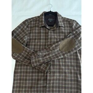 Pendleton Trail Button Shirt USA Virgin Wool Plaid Flannel Elbow Patch L Brown e
